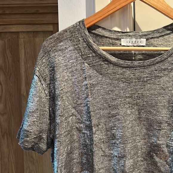 🎀Sandro metallic silver linen t shirt size 2 small euc - Picture 2 of 10